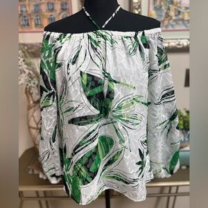 WHITE HOUSE BLACK MARKET PALM PRINT OFF THE SHOULDER HALTER PEASANT BLOUSE SZ M
